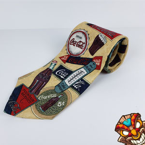Coca Cola Mens Necktie Tie Novelty Nostalgia Glass Bottle Cap Signs Silk EUC